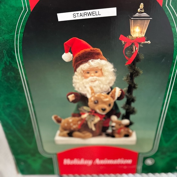 Santa and Reindeer Holiday Scene with Lamp Post